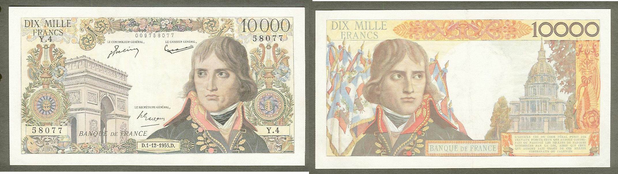 10000 Francs BONAPARTE FRANCE 1.12.1955 TTB++